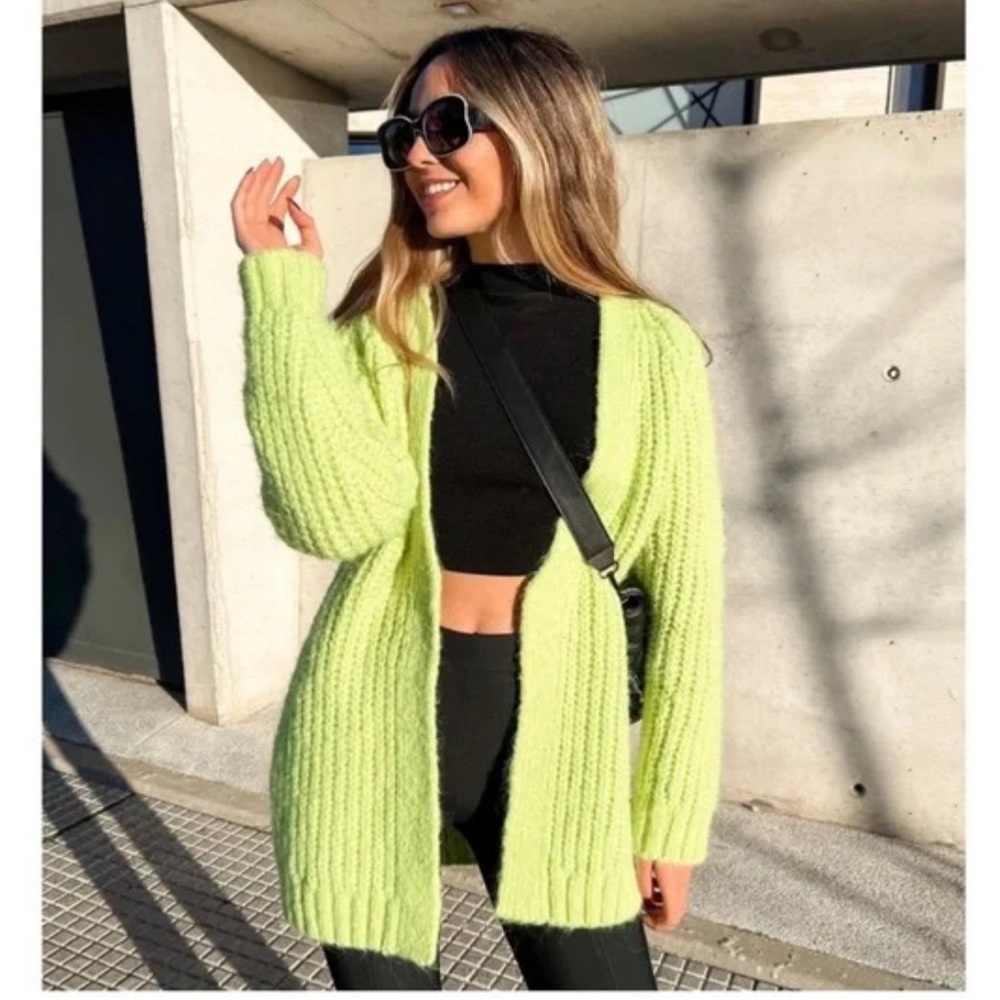 Zara Lime Green Chunky Knit Open Cardigan
